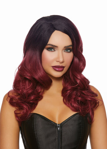 Long Curly Black and Burgandy Ombre Wig