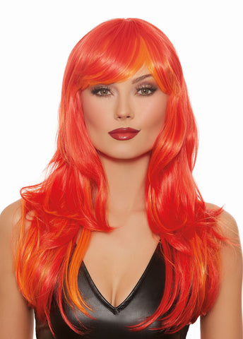Long Straight Red and Orange Wig With Bangs