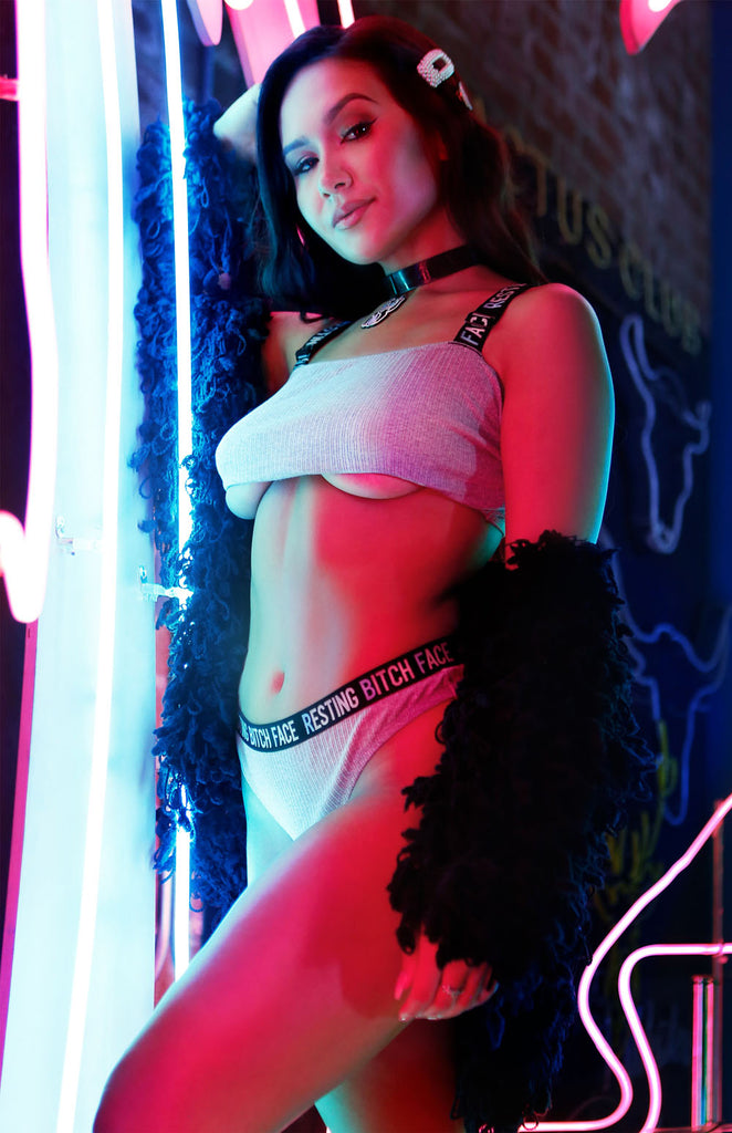 Resting Bitch Face Crop Top and Thong Panty Set - Gray -