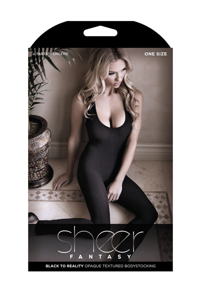 Black to Reality Opaque Textured Bodystocking - Black -