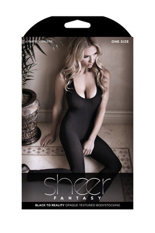 Black to Reality Opaque Textured Bodystocking - Black -