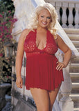 Stretch Mesh and Lace Baby Doll With Bow - Size -