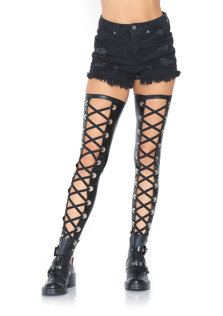 Grommet Wet Look Footless Thigh Highs- Black