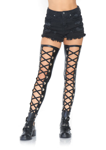 Grommet Wet Look Footless Thigh Highs- Black