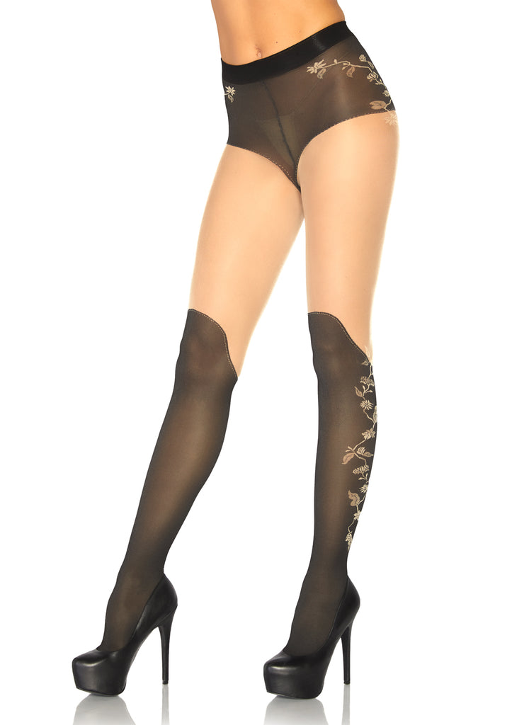 Spandex Sheer French Cut Pantyhose With Over the Knee Boot Detail and Floral Accent - One Size - Black