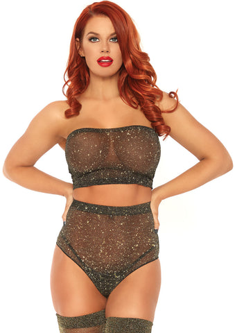 2 Pc Lurex Shimmer Spandex Strapless Bandeau Top and Matching High Waist Brazilian Panty - One Size - Black-gold