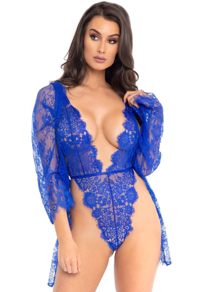 3pc Lace Teddy and Robe Set - -