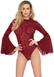 High Neck Stretch Lace Bell Sleeve Bodysuit - One Size -