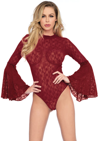High Neck Stretch Lace Bell Sleeve Bodysuit - One Size -