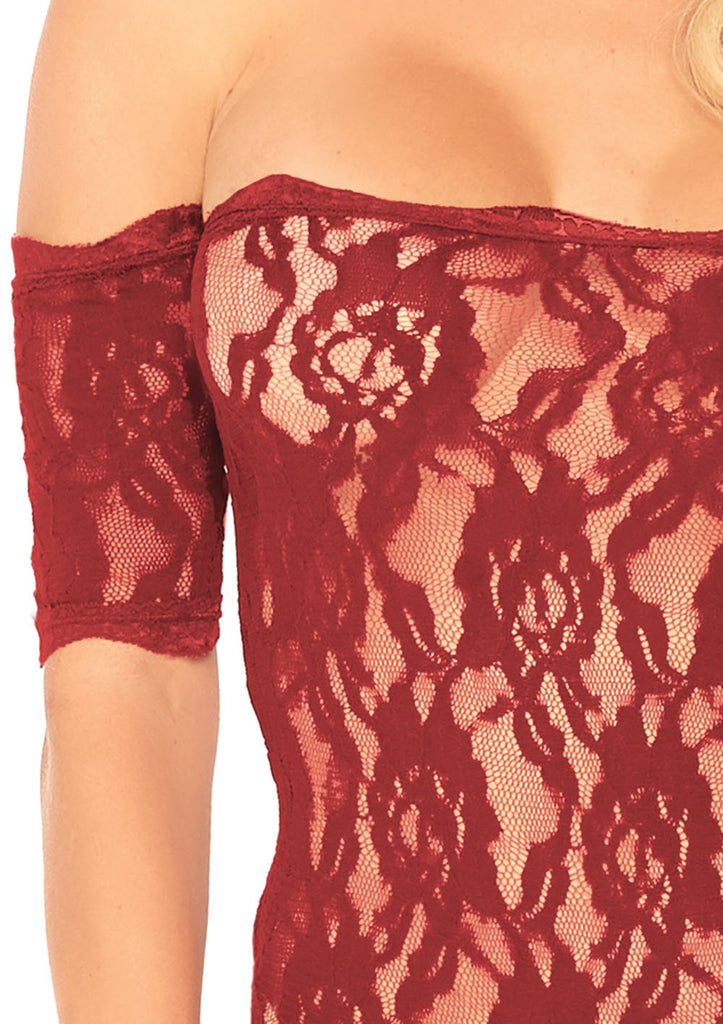 Scalloped Rose Lace Strapless Teddy With Cuff Sleeves - Burgandy