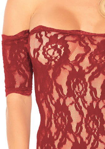 Scalloped Rose Lace Strapless Teddy With Cuff Sleeves - Burgandy