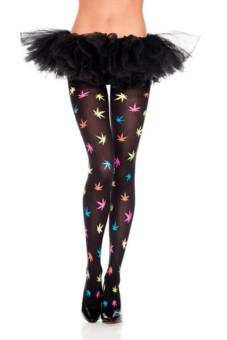 Multicolor Leaf Print Pantyhose - One Size