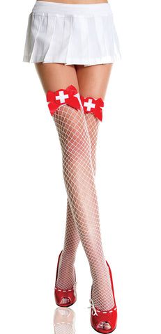 White Cross and Satin Bow Spandex Mini Diamond Net Thigh Hi - One Size- White - Red