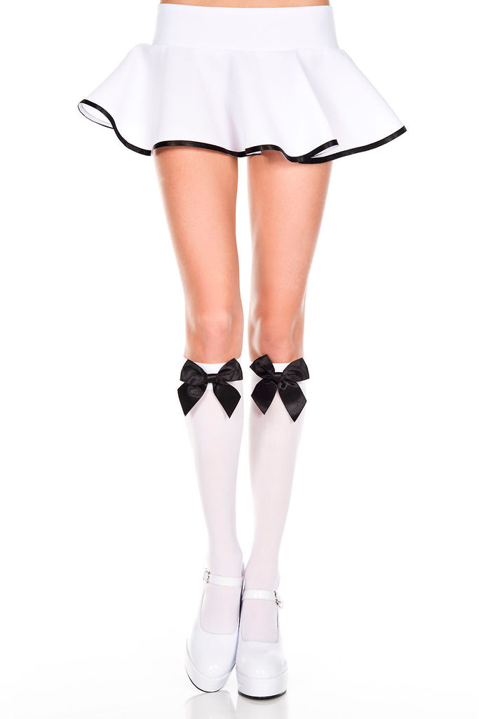 Satin Bow Knee Hi - One Size - White - Black