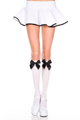 Satin Bow Knee Hi - One Size - White - Black