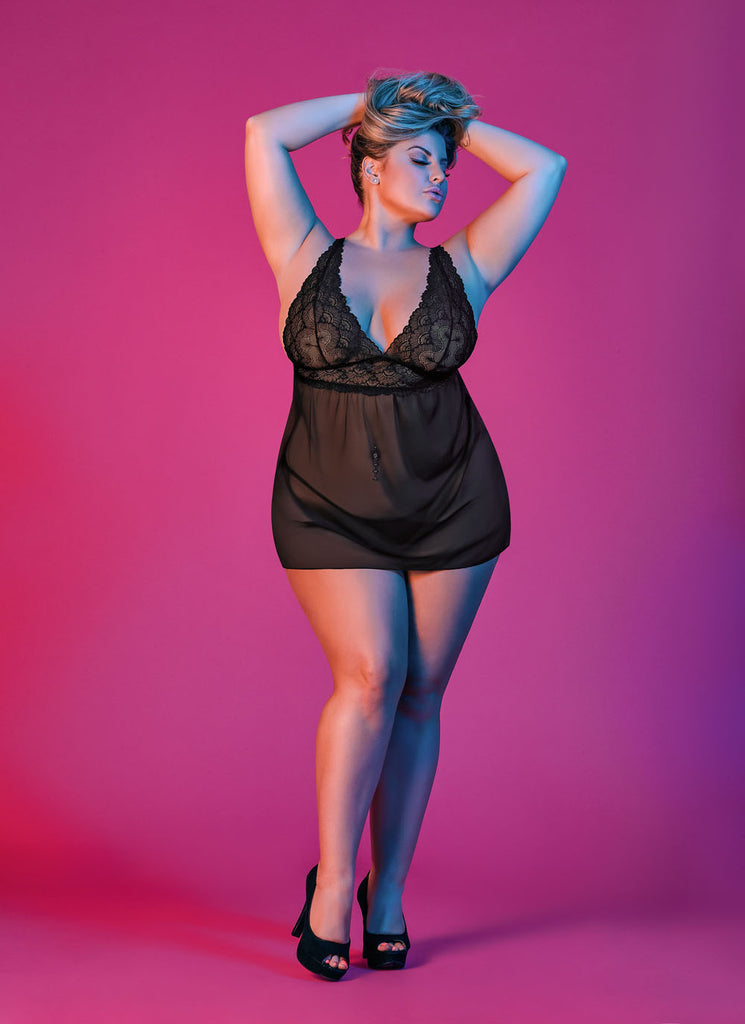 Sexy Time Babydoll With Fly Away Back and G-String Set - Black