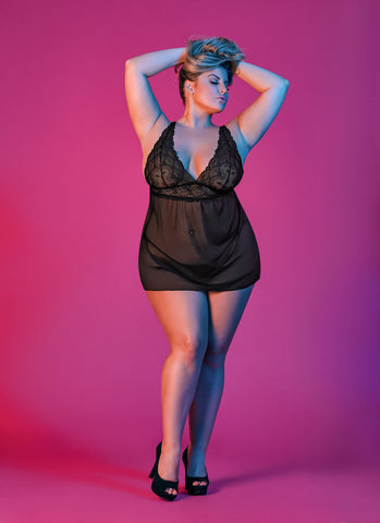 Sexy Time Babydoll With Fly Away Back and G-String Set - Black