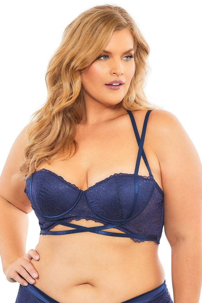 Lace Push Up Balconette Bra With Crossing Halter Straps - Estate Blue -