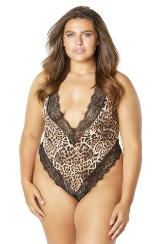 Printed Teddy With Lace Trimmed Plunging Neckline - Leopard-black - 3x4x