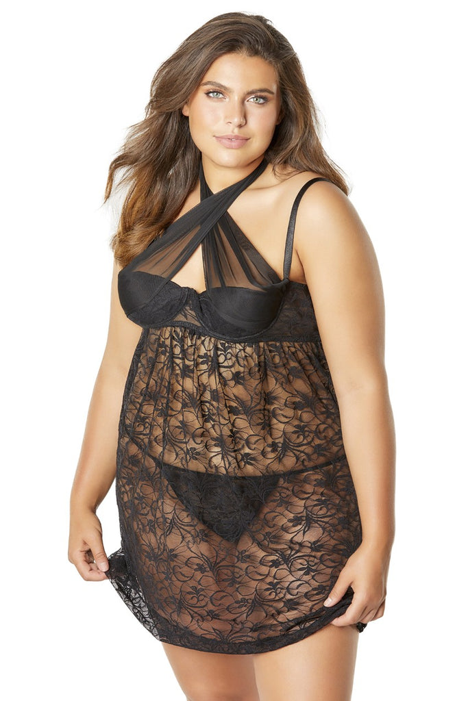 Lace Empire Babydoll With Functional Tie Shelf Cups G-String - Black - 1x-2x