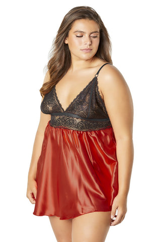 Lace Cup Satin Empire Body Babydoll With Contrast Color Piping + G-String - Black-red - 3x4x